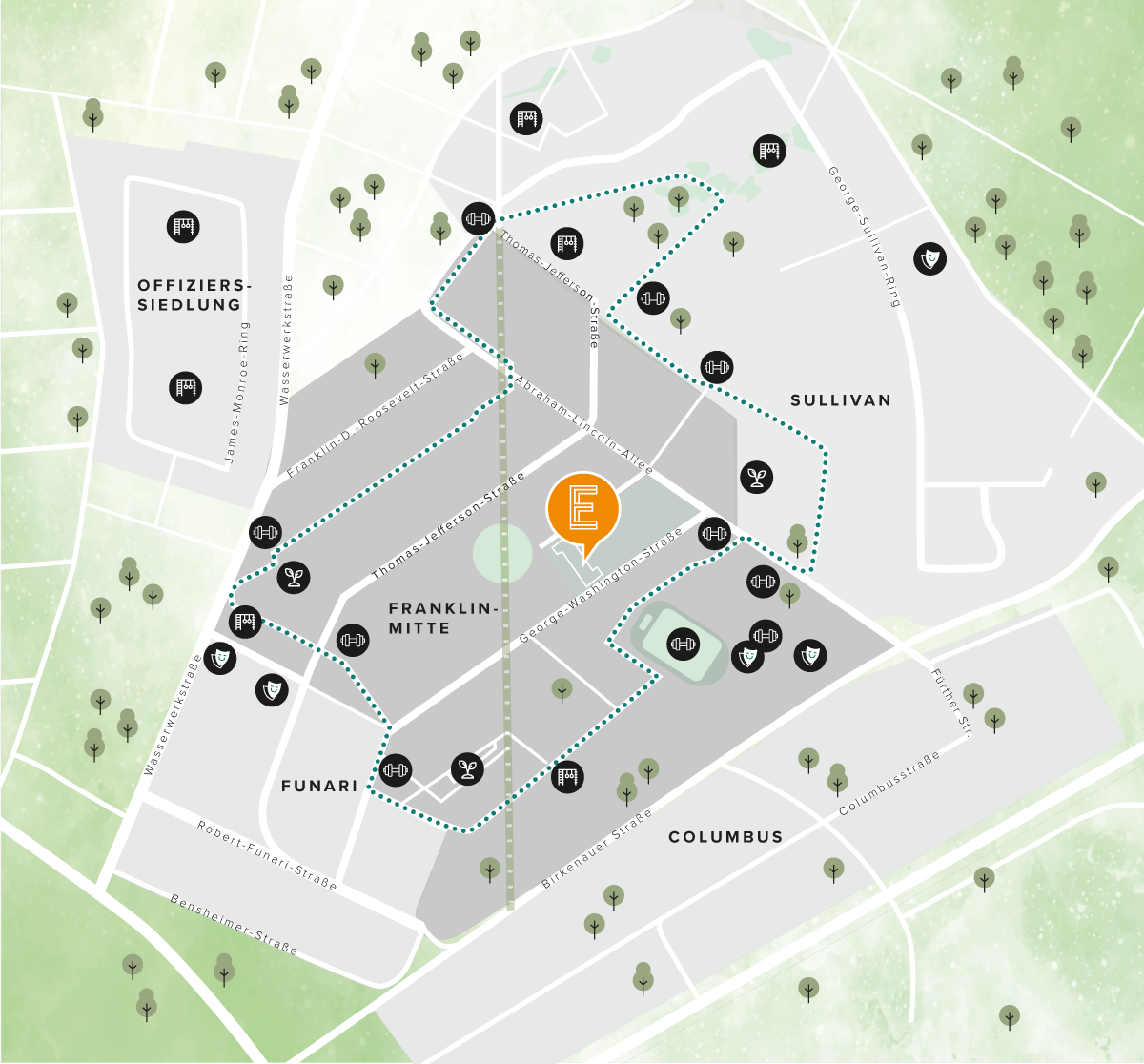 KI-basierte Bildbeschreibung: Eine Karte des Stadtteils Franklin mit Straßen, Stadtvierteln, Sehenswürdigkeiten und einer gestrichelten Route, die den Standort von bezugsfertigen Eigentumswohnungen im FRANKLIN E. hervorhebt.