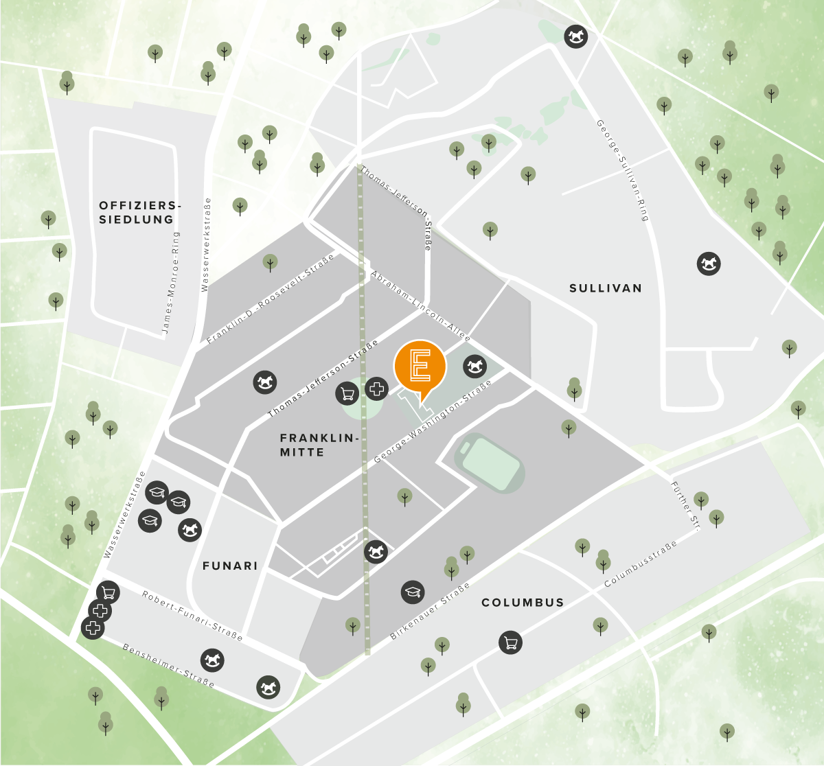 KI-basierte Bildbeschreibung: Eine Karte des Stadtteils Franklin mit Straßen und Stadtvierteln, einschließlich einer orangefarbenen Markierung E für das Gemeindezentrum in der Nähe von bezugsfertigen Eigentumswohnungen im FRANKLIN E.