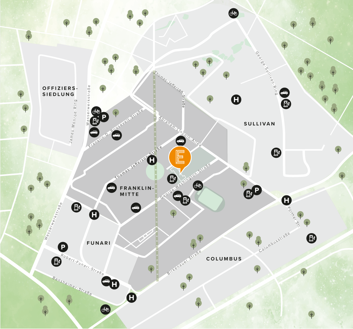 KI-basierte Bildbeschreibung: Karte eines Stadtviertels mit Straßennamen, Häuserblöcken, Bushaltestellen, Parkplätzen und einer orangefarbenen Markierung E, die bezugsfertige Eigentumswohnungen im FRANKLIN E hervorhebt.