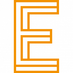 KI-basierte Bildbeschreibung: Ein großer, fetter, orangefarbener Großbuchstabe E mit einem geometrischen, labyrinthartigen Muster auf weißem Hintergrund.