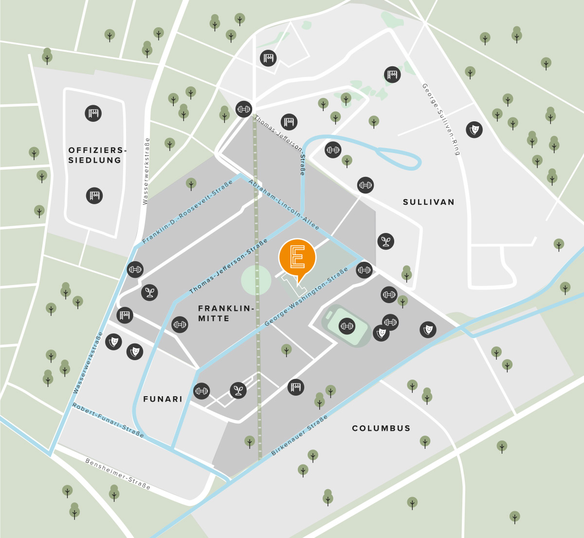 KI-basierte Bildbeschreibung: Auf einer Karte ist ein Gebiet mit der Bezeichnung E in der Mitte hervorgehoben, das von Stadtvierteln umgeben ist: Franklin-Mitte, Funari, Sullivan und Columbus. Icons markieren Einrichtungen wie Geschäfte, Restaurants und Dienstleistungen entlang der Straßen.