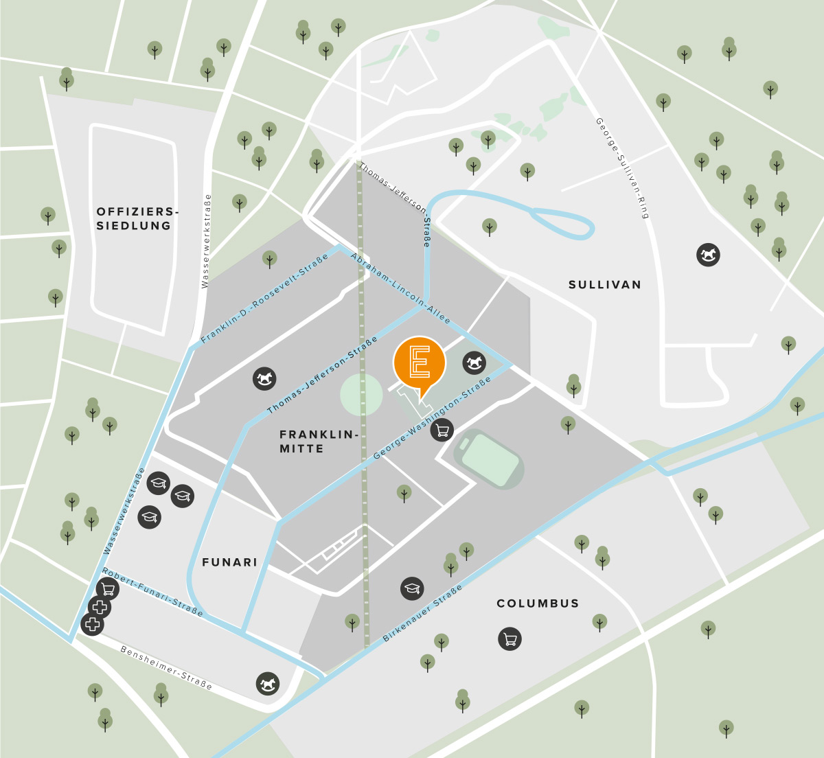 KI-basierte Bildbeschreibung: Eine stilisierte Karte, die das Gebiet Franklin mit den Stadtteilen Franklin-Mitte, Funari, Sullivan und Columbus zeigt. Icons markieren verschiedene Einrichtungen, und in der Mitte befindet sich ein großes oranges E-Symbol. Grüne Bäume und Wege sind zu sehen.
