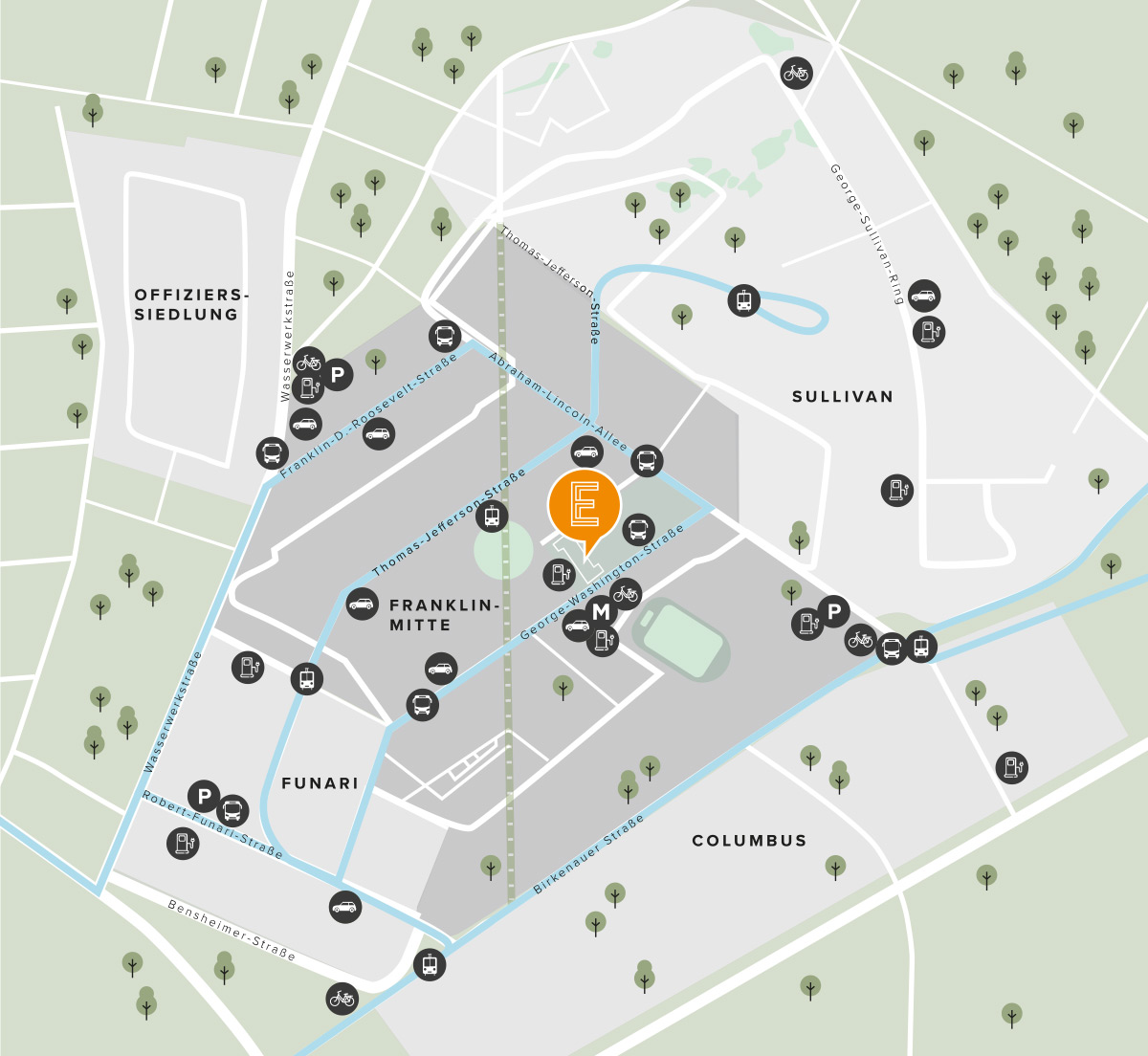 KI-basierte Bildbeschreibung: Stilisierte Karte eines Gebiets mit beschrifteten Bezirken: Offizierssiedlung, Sullivan, Franklin-Mitte, Funari, und Columbus. Das orangefarbene E markiert einen zentralen Punkt. Icons kennzeichnen Parkplätze, Fahrräder, Bushaltestellen und Fußgängerwege.