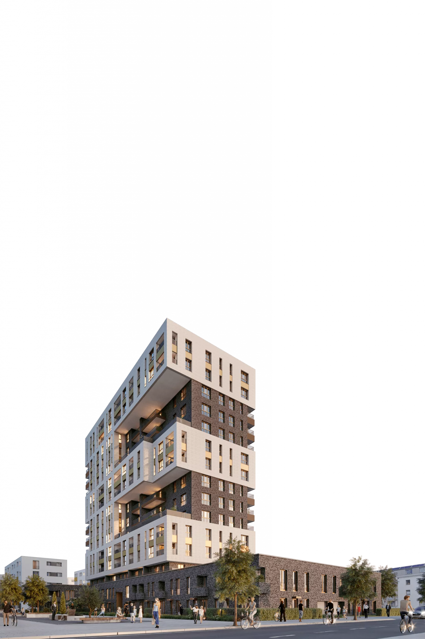 KI-basierte Bildbeschreibung: Ein modernes mehrstöckiges Gebäude mit einem einzigartigen, gestaffelten Design mit weißen und dunklen Backsteinfassaden, umgeben von Spaziergängern, Bäumen und Fahrrädern an einem sonnigen Tag.